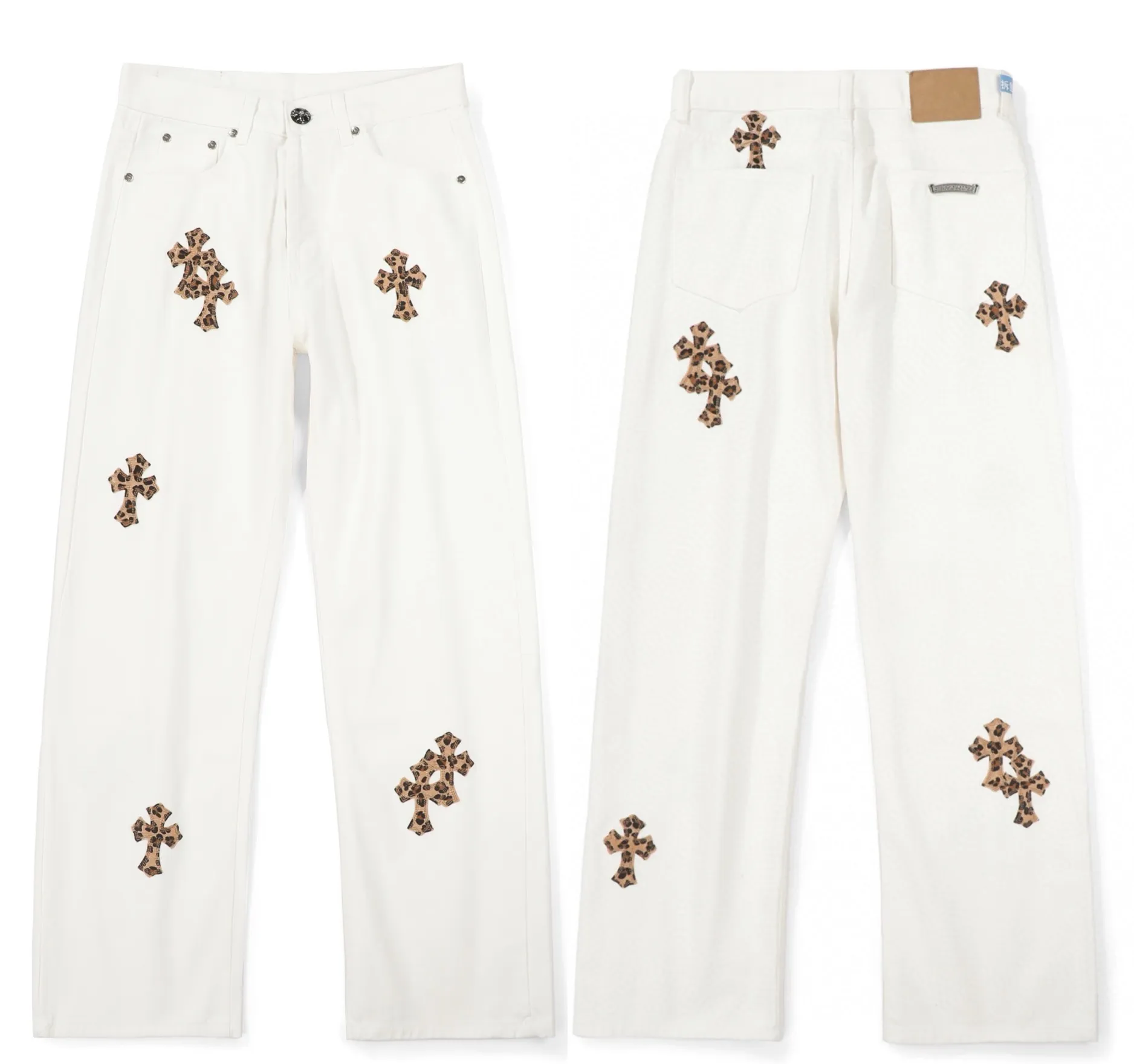 P230 💰 (Top version) Chrome Hearts/Chrome Hearts Classic white leopard print series colored leather cross washed color fabric unisex denim trousers Vibe style straight stacked god-level version Carbon fine bias denim color fabric Old vintage full set of hardware - Chrome Hearts white cow series The high version uses high-ounce custom fabrics, fermentation washing and soft color fixation, soft and thick to wear. The details are all made by hand-polished craftsmanship. Full-print jacquard fabric Unique design style. Through multiple processes to create a full retro feel. Unique niche non-contrast shirt. Customized distressed spray-painted buttons. Craftsmanship in every detail. Color: white leopard print. Size: 28-30-32-34 (corresponding to S-M-L-XL).